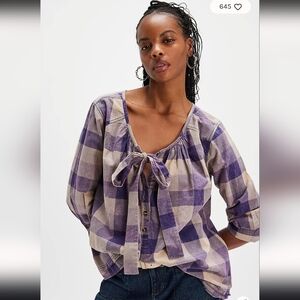 Free People We The Free Big Bow Plaid Shirt New Without Tags, Size Large